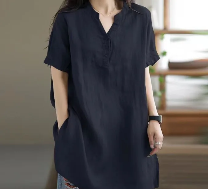 Women Cotton Plus Size Loose V‑Neck Button Solid Short Sleeve T‑Shirt Spring Summer view 2