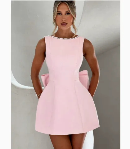 Women’s Summer Mini Dress Pearl‑Embellished Bow Back Design Slim‑Fit A‑Line Short Dress view 3