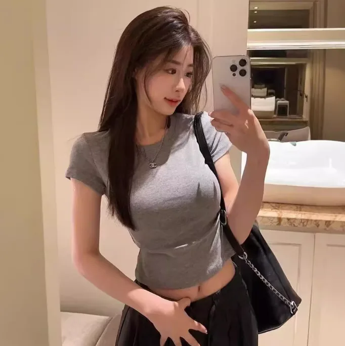 Women Spring Autumn Korean Style Slim White Short Sleeve T‑Shirt Hot Girl Inner Base Top view 3